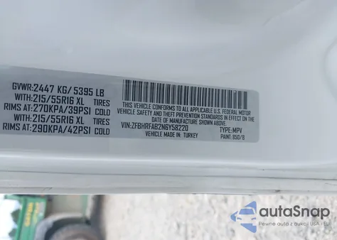 2022 Ram Promaster City Cargo Van from USA, damaged, VIN ZFBHRFAB2N6Y58220